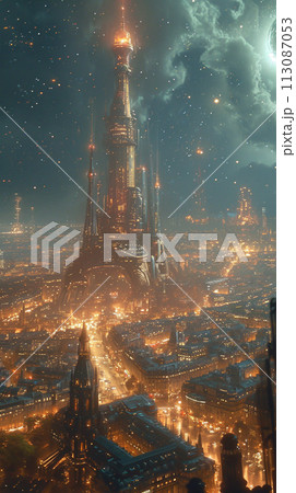 Futuristic Planets galaxy universe with space construction, Starry night sky, Milky way galaxy with stars and space dust in the universe. AI Generative 113087053