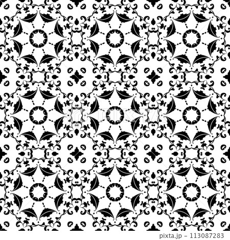 Black and white vintage seamless pattern. Floral ornamental monochrome damask background. 113087283