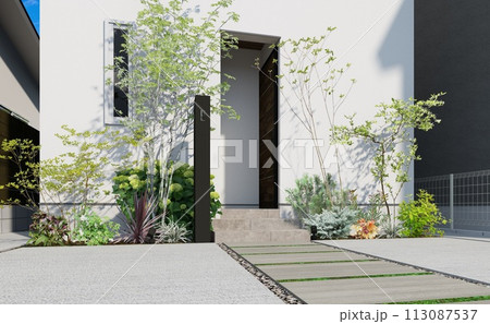 美しい雑木がある素敵なシンプルモダンデザインの門周り　エクステリアデザイン 113087537