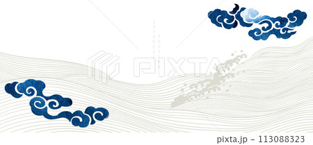 Blue brush stroke texture with Japanese ocean wave with Chinese cloud pattern in vintage style. Abstract art landscape banner design with watercolor texture vector. Hand drawn line. 113088323