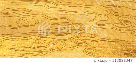 Gold brush stroke texture with Japanese ocean wave pattern in vintage style. Abstract art landscape banner design with watercolor texture vector. Marine concept Gold brush stroke texture with Japanese ocean wave pattern in vintage style. Abstract art landscape banner design with watercolor texture vector. Marine concept 113088347