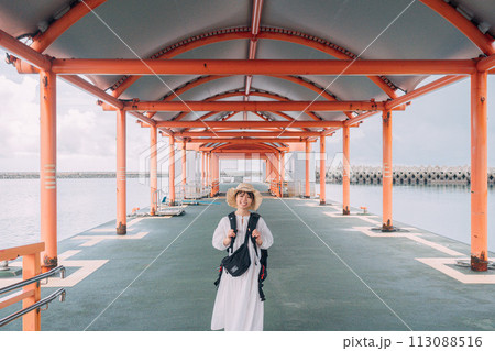 離島ターミナルで船を待つ女性 113088516