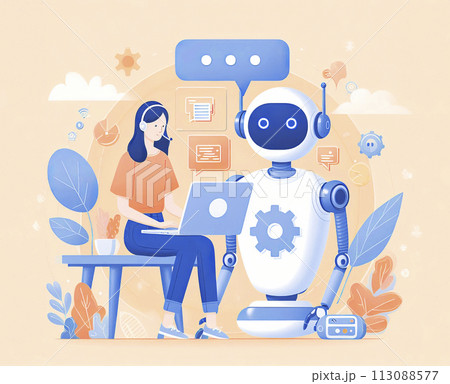 An illustration showing the work of people with artificial intelligence. Using AI technologies in work, communication, learning 113088577