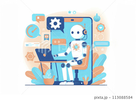 An illustration showing the work of people with artificial intelligence. Using AI technologies in work, communication, learning 113088584