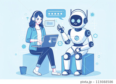 An illustration showing the work of people with artificial intelligence. Using AI technologies in work, communication, learning 113088586