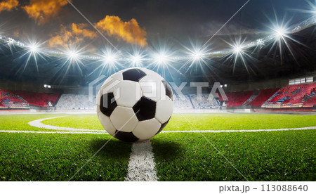 サッカースタジアムの中にあるサッカーボール（AI生成画像） 113088640
