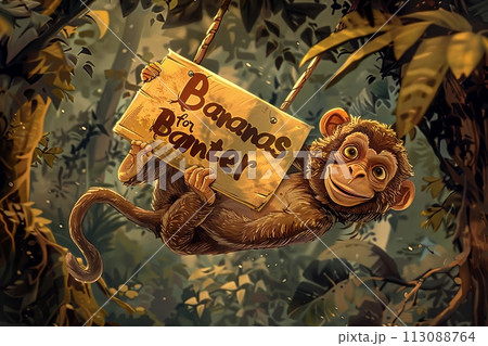 mischievous cartoon monkey swinging through the treetops, its sign reading "Bananas for Banter" as it chatters away with cheeky humor and a twinkle in its eye 113088764