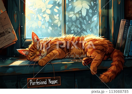 cartoon sophisticated cat perched on a windowsill, its sign reading Purr-fessional Napper as it demonstrates the art of relaxation with expert precision, snoozing away the day with effortless grace 113088785