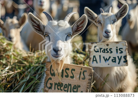 group of grumpy-looking goats gathered around a patch of grass, each holding a sign that says "Grass is Always Greene," 113088873