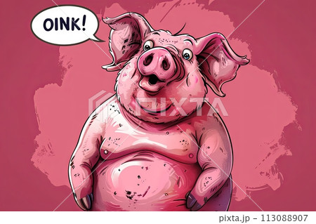 enormous cartoon pink pig, fat and funny, looking at you and with a big white comic strip above his head saying OINK! 113088907