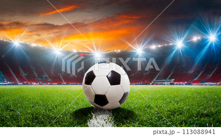 サッカースタジアムの中にあるサッカーボール（AI生成画像） 113088941