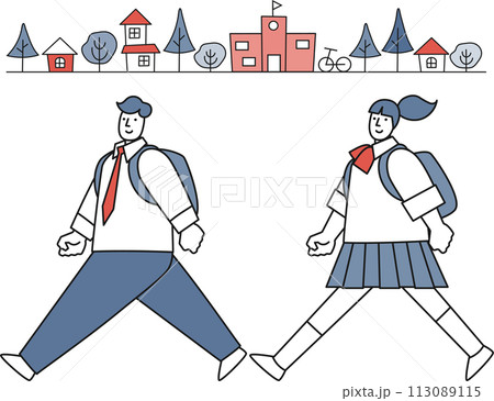 街並みを歩く女子学生と男子学生 街並みを歩く女子学生と男子学生 113089115
