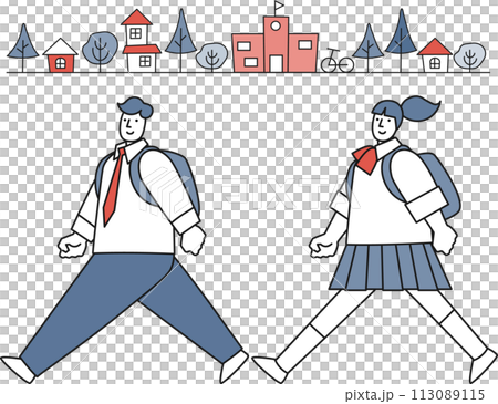 街並みを歩く女子学生と男子学生 街並みを歩く女子学生と男子学生 113089115