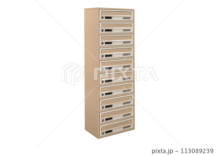 Mailboxes in the condo. metal mailbox with lockable center in condo. Mailbox on the white background isolated 113089239