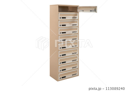 Mailboxes in the condo. metal mailbox with lockable center in condo. Mailbox on the white background isolated 113089240