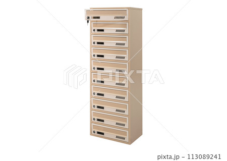 Mailboxes in the condo. metal mailbox with lockable center in condo. Mailbox on the white background isolated 113089241
