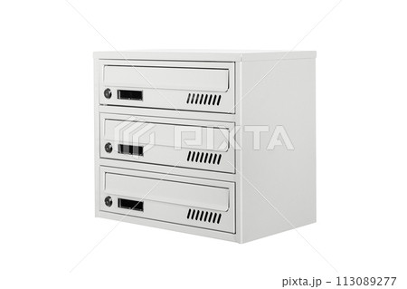 Mailboxes in the condo. metal mailbox with lockable center in condo. Mailbox on the white background isolated 113089277