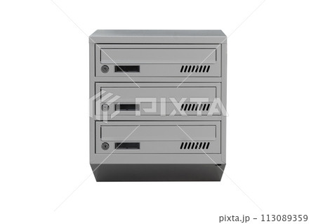 Mailboxes in the condo. metal mailbox with lockable center in condo. Mailbox on the white background isolated Mailboxes in the condo. metal mailbox with lockable center in condo. Mailbox on the white background isolated 113089359