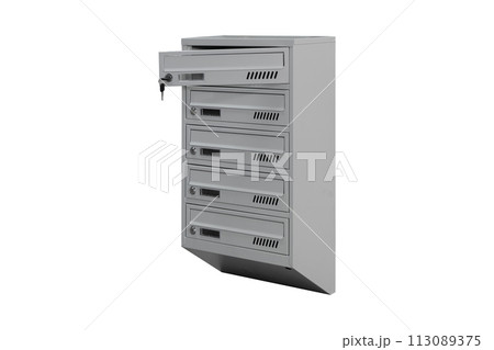 Mailboxes in the condo. metal mailbox with lockable center in condo. Mailbox on the white background isolated Mailboxes in the condo. metal mailbox with lockable center in condo. Mailbox on the white background isolated 113089375