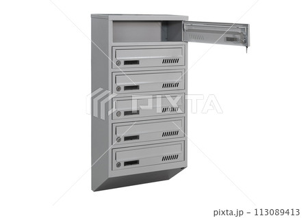 Mailboxes in the condo. metal mailbox with lockable center in condo. Mailbox on the white background isolated 113089413
