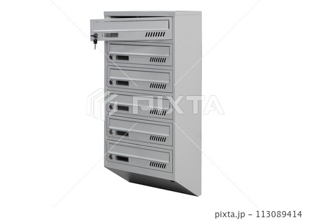 Mailboxes in the condo. metal mailbox with lockable center in condo. Mailbox on the white background isolated Mailboxes in the condo. metal mailbox with lockable center in condo. Mailbox on the white background isolated 113089414