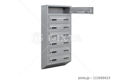 Mailboxes in the condo. metal mailbox with lockable center in condo. Mailbox on the white background isolated 113089423