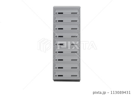 Mailboxes in the condo. metal mailbox with lockable center in condo. Mailbox on the white background isolated Mailboxes in the condo. metal mailbox with lockable center in condo. Mailbox on the white background isolated 113089431