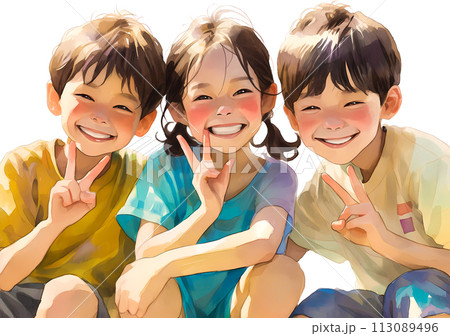 笑顔でピースサインをする子どもたちのイラスト素材 [113089496] - PIXTA