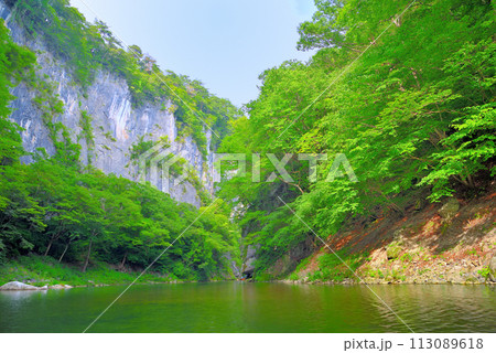 東北・猊鼻渓・舟下り・少婦岩(しょうふがん)と錦壁岩と清流、渓谷のイメージ・岩手県一関市(3) 113089618