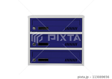 Blue color mailboxes on the white background isolated. Mail box for entrance of apartment house. Metal mailbox Blue color mailboxes on the white background isolated. Mail box for entrance of apartment house. Metal mailbox 113089656