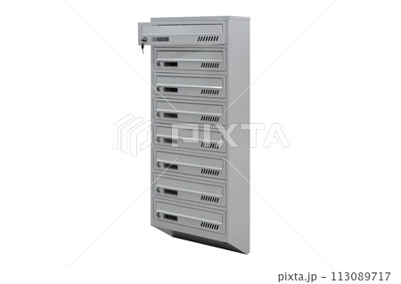 Mailboxes in the condo. metal mailbox with lockable center in condo. Mailbox on the white background isolated Mailboxes in the condo. metal mailbox with lockable center in condo. Mailbox on the white background isolated 113089717