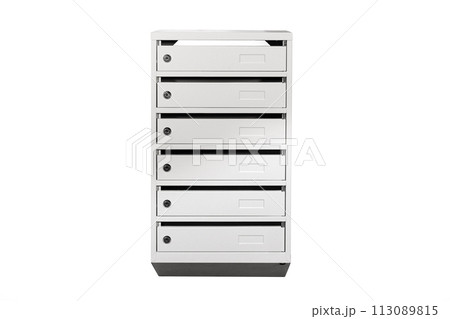 Mailboxes in the condo. metal mailbox with lockable center in condo. Mailbox on the white background isolated Mailboxes in the condo. metal mailbox with lockable center in condo. Mailbox on the white background isolated 113089815