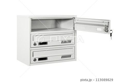 Mailboxes in the condo. metal mailbox with lockable center in condo. Mailbox on the white background isolated 113089829