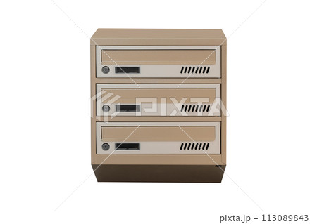 Mailboxes in the condo. metal mailbox with lockable center in condo. Mailbox on the white background isolated 113089843