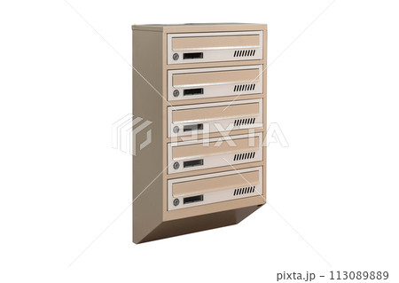 Mailboxes in the condo. metal mailbox with lockable center in condo. Mailbox on the white background isolated 113089889