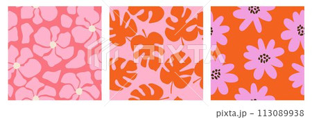 Set of hand drawn flowers, seamless patterns with floral for fabric, textiles, clothing, wrapping paper, cover, banner, interior decor, abstract backgrounds. Vector illustration. 113089938