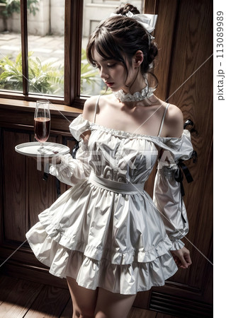 窓際で白いドレスを着てグラスをトレイに載せて運ぶメイド少女 113089989