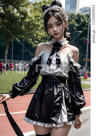 陸上トラックで微笑む女の子 113090002