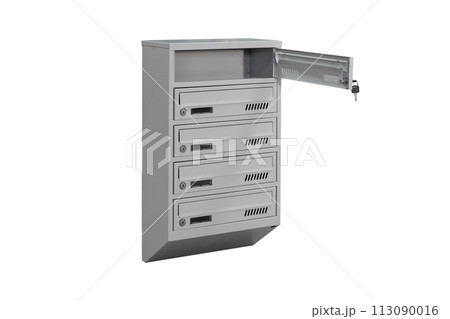 Mailboxes in the condo. metal mailbox with lockable center in condo. Mailbox on the white background isolated Mailboxes in the condo. metal mailbox with lockable center in condo. Mailbox on the white background isolated 113090016