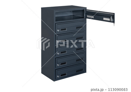 Mailboxes in the condo. metal mailbox with lockable center in condo. Mailbox on the white background isolated Mailboxes in the condo. metal mailbox with lockable center in condo. Mailbox on the white background isolated 113090083
