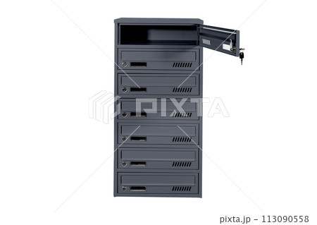 Mailboxes in the condo. metal mailbox with lockable center in condo. Mailbox on the white background isolated 113090558