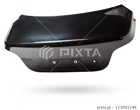 black metallic boot lid reverse side with stiffeners on a white isolated background with a nameplate for installation on a car after an accident. Spare part for body repair trunk. 113091146