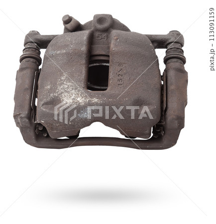 Old metal brake caliper on a white background for replacement during the repair of the chassis or for a catalog of spare parts for sale on auto parsing. 113091159