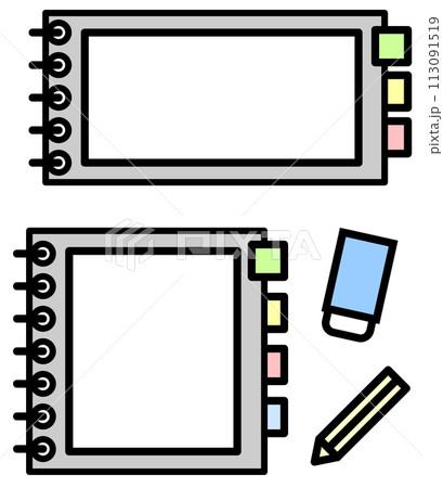 白紙のメモ帳ノートと筆記用具のイラスト 113091519