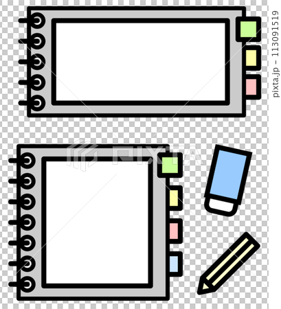 白紙のメモ帳ノートと筆記用具のイラスト 113091519
