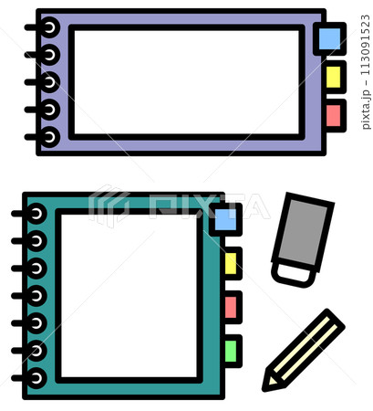 白紙のメモ帳ノートと筆記用具のイラスト 白紙のメモ帳ノートと筆記用具のイラスト 113091523