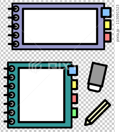 白紙のメモ帳ノートと筆記用具のイラスト 白紙のメモ帳ノートと筆記用具のイラスト 113091523