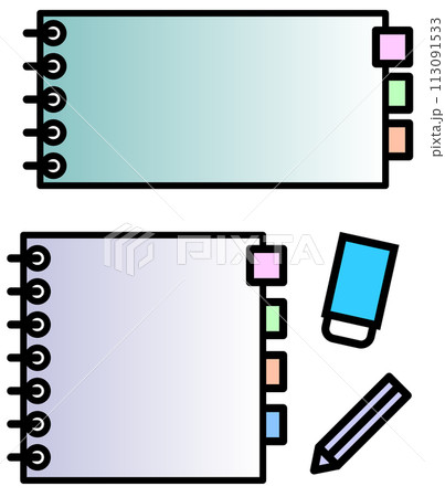 白紙のメモ帳ノートと筆記用具のイラスト 白紙のメモ帳ノートと筆記用具のイラスト 113091533