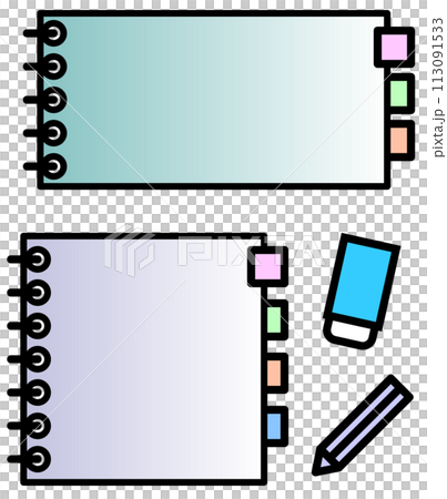 白紙のメモ帳ノートと筆記用具のイラスト 白紙のメモ帳ノートと筆記用具のイラスト 113091533