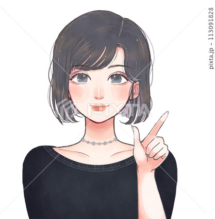 ボブヘアのオシャレな女性が指差しで説明するイラスト ボブヘアのオシャレな女性が指差しで説明するイラスト 113091828